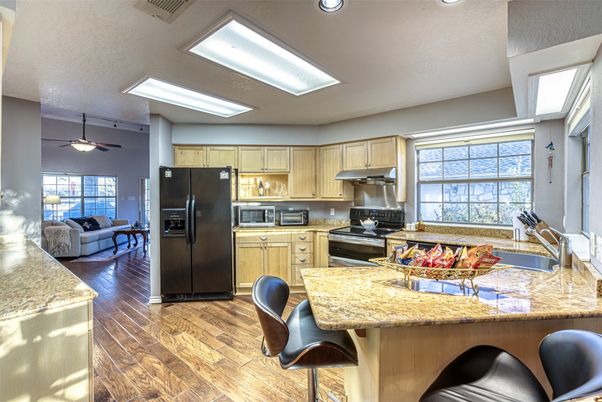 Interior, Kitchen, Living room, Recessed Lighting, Stainless Steel Appliances, Wood Texture Flooring