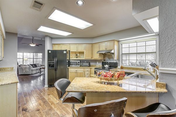 Interior, Kitchen, Living room, Recessed Lighting, Wood Texture Flooring
