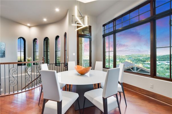 Dining room, Interior, Pendant Lights, Recessed Lighting, Wood Texture Flooring