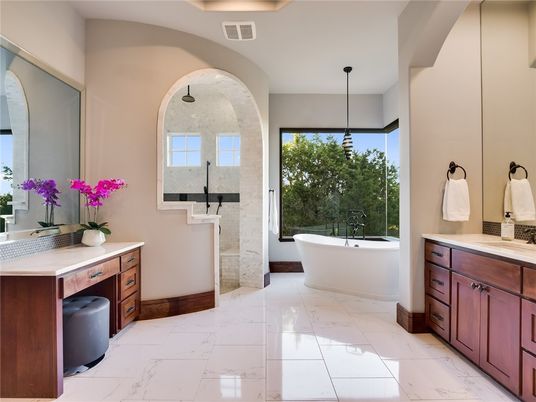 Bathroom, Dual Sink Vanities, Free Standing Baths, Interior, Marble, Pendant Lights