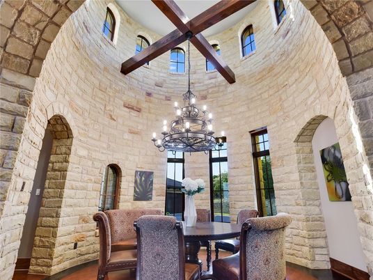 Chandelier, Dining room, Interior, Stone Walls, Wooden Beams