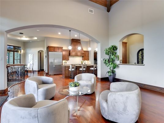 Interior, Kitchen, Living room, Pendant Lights, Recessed Lighting, Stainless Steel Appliances, Wooden Beams, Wood Texture Flooring