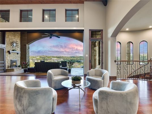 Fireplace, Interior, Living room, Recessed Lighting, Stone Walls, Wooden Beams, Wood Texture Flooring