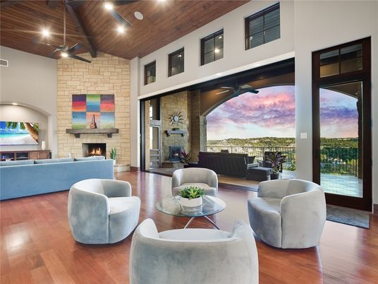 Fireplace, Interior, Living room, Recessed Lighting, Stone Walls, Wooden Beams, Wooden Ceilings, Wood Texture Flooring