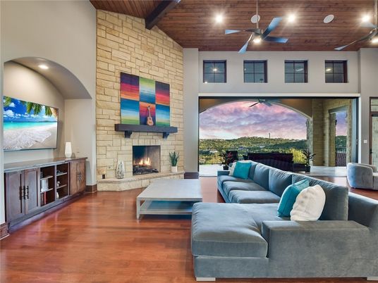 Fireplace, Interior, Living room, Recessed Lighting, Stone Walls, Wooden Beams, Wooden Ceilings, Wood Texture Flooring