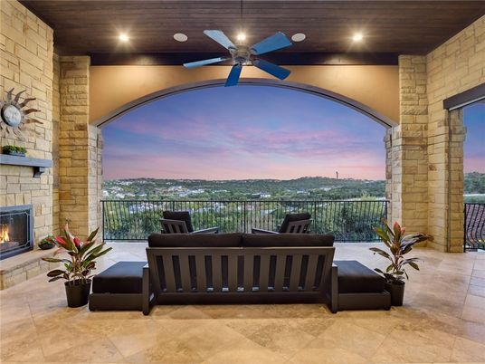 Exterior, Fireplace, Recessed Lighting, Stone Walls
