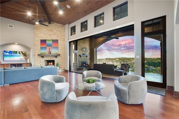 Fireplace, Interior, Living room, Recessed Lighting, Stone Walls, Wooden Beams, Wooden Ceilings, Wood Texture Flooring