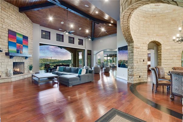 Fireplace, Interior, Living room, Recessed Lighting, Stone Walls, Wooden Beams, Wooden Ceilings, Wood Texture Flooring