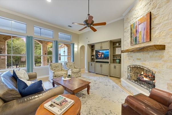 Fireplace, Interior, Living room, Recessed Lighting, Stone Walls, Wood Texture Flooring