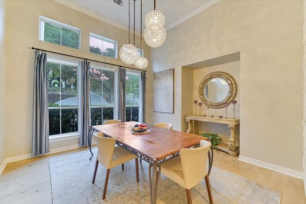 Chandelier, Dining room, Interior, Pendant Lights, Wood Texture Flooring