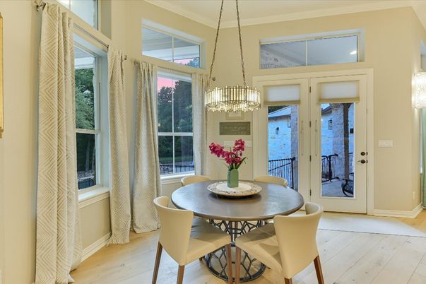 Dining room, Interior, Pendant Lights, Wood Texture Flooring
