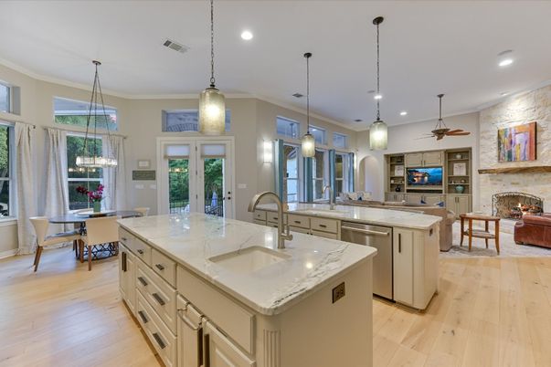 Dining room, Fireplace, Interior, Kitchen, Living room, Pendant Lights, Recessed Lighting, Stainless Steel Appliances, Stone Walls, Wood Texture Flooring