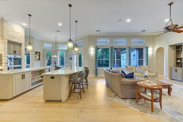 Interior, Kitchen, Living room, Pendant Lights, Recessed Lighting, Stone Walls, Wood Texture Flooring