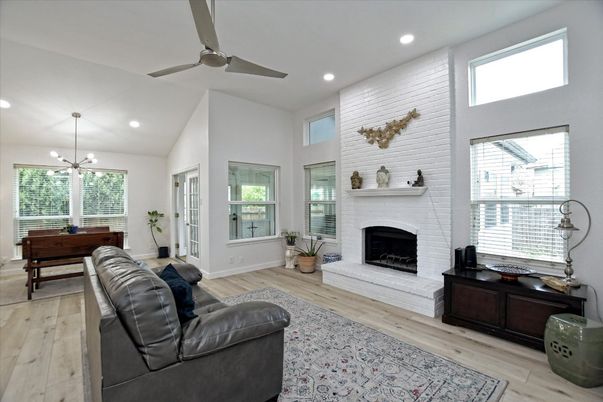 Fireplace, Interior, Pendant Lights, Recessed Lighting, Wood Texture Flooring