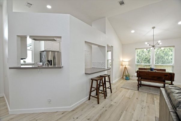 Interior, Pendant Lights, Recessed Lighting, Stainless Steel Appliances, Wood Texture Flooring
