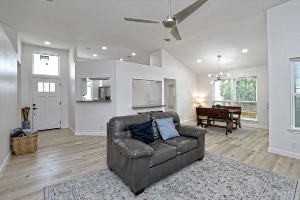 Dining room, Interior, Pendant Lights, Recessed Lighting, Wood Texture Flooring
