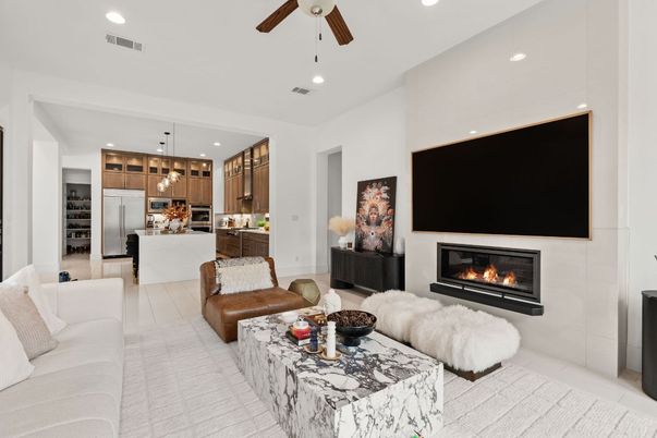 Fireplace, Interior, Kitchen, Living room, Pendant Lights, Recessed Lighting, Stainless Steel Appliances