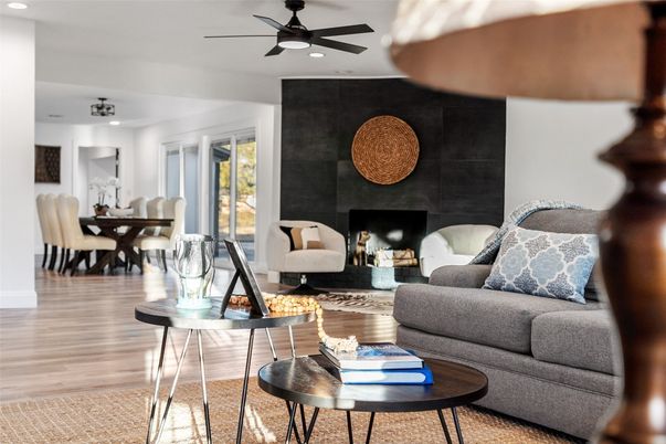Dining room, Fireplace, Interior, Living room, Recessed Lighting, Wood Texture Flooring