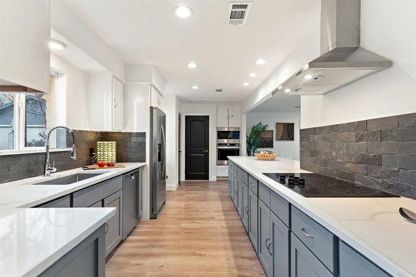 Interior, Kitchen, Recessed Lighting, Stainless Steel Appliances, Wood Texture Flooring