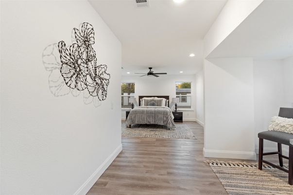 Bedroom, Interior, Recessed Lighting, Wood Texture Flooring