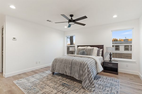 Bedroom, Interior, Recessed Lighting, Wood Texture Flooring