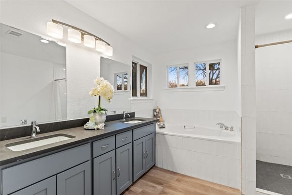 Bathroom, Dual Sink Vanities, Interior, Recessed Lighting, Wood Texture Flooring