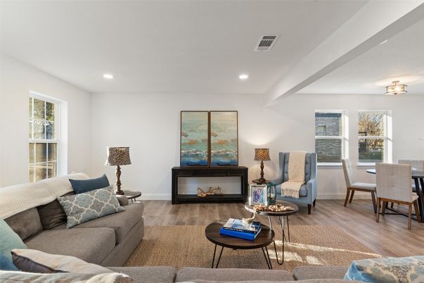 Dining room, Interior, Living room, Recessed Lighting, Wood Texture Flooring