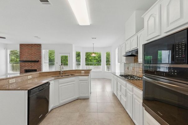 Fireplace, Interior, Kitchen, Pendant Lights, Stone Walls