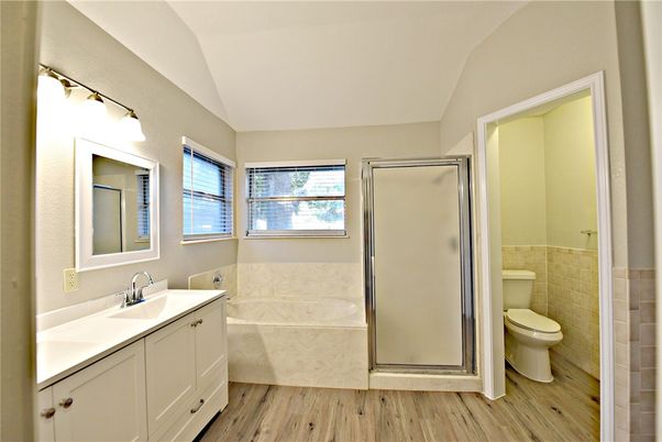 Bathroom, Glass Shower, Interior, Wood Texture Flooring