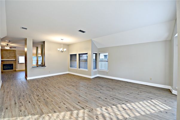 Chandelier, Empty room, Fireplace, Interior, Wood Texture Flooring