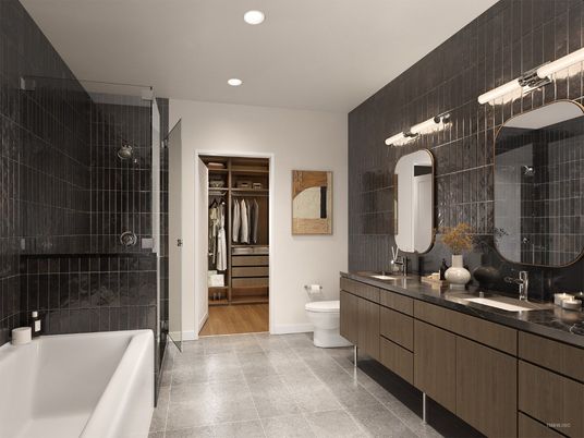 Bathroom, Dual Sink Vanities, Glass Shower, Interior, Recessed Lighting, Walk-in Closets, Wood Texture Flooring