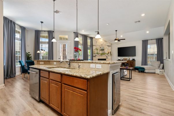 Interior, Kitchen, Pendant Lights, Recessed Lighting, Wood Texture Flooring