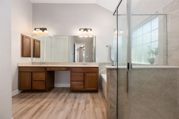 Bathroom, Dual Sink Vanities, Glass Shower, Interior, Wood Texture Flooring