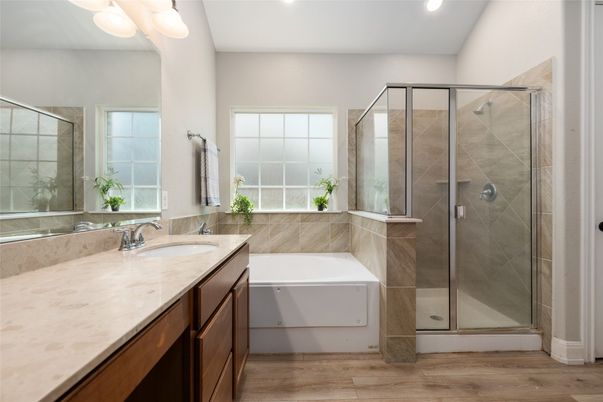 Bathroom, Glass Shower, Interior, Recessed Lighting, Wood Texture Flooring