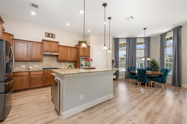 Dining room, Interior, Kitchen, Pendant Lights, Recessed Lighting, Wood Texture Flooring