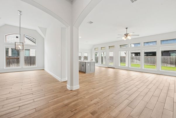 Empty room, Interior, Kitchen, Pendant Lights, Recessed Lighting, Wood Texture Flooring