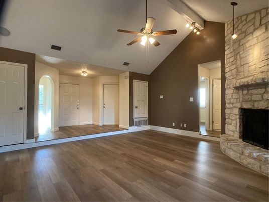 Empty room, Fireplace, Interior, Pendant Lights, Stone Walls, Wood Texture Flooring