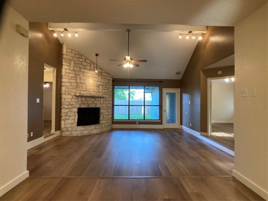 Empty room, Fireplace, Interior, Stone Walls, Wood Texture Flooring