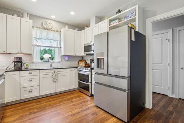 Interior, Kitchen, Recessed Lighting, Stainless Steel Appliances, Wood Texture Flooring