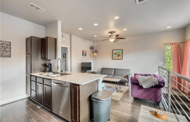 Interior, Kitchen, Living room, Recessed Lighting, Stainless Steel Appliances, Wood Texture Flooring