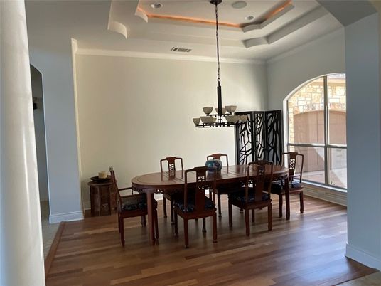 Chandelier, Dining room, Interior, Wood Texture Flooring