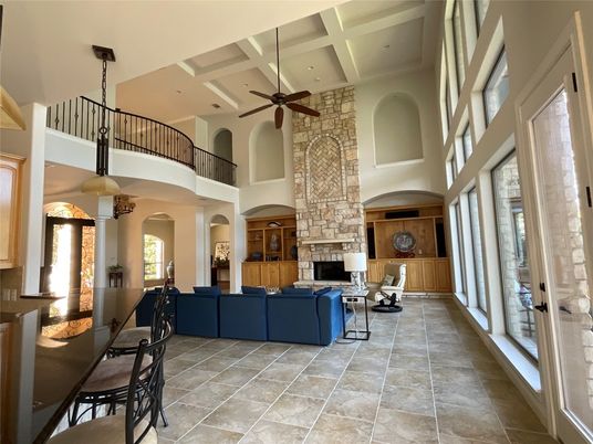 Dining room, Fireplace, Interior, Living room, Pendant Lights, Recessed Lighting, Stone Walls