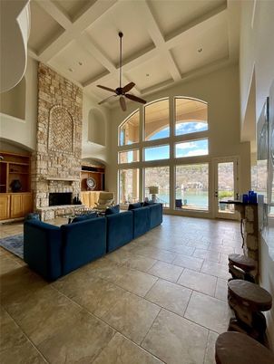 Fireplace, Interior, Living room, Recessed Lighting, Stone Walls
