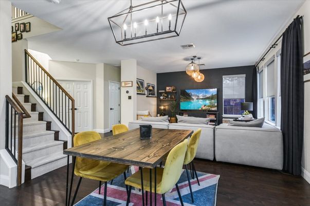 Dining room, Interior, Living room, Pendant Lights, Wood Texture Flooring