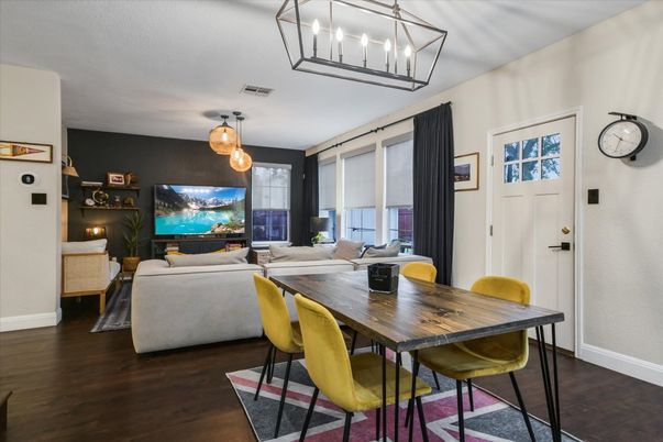 Dining room, Interior, Living room, Pendant Lights, Wood Texture Flooring