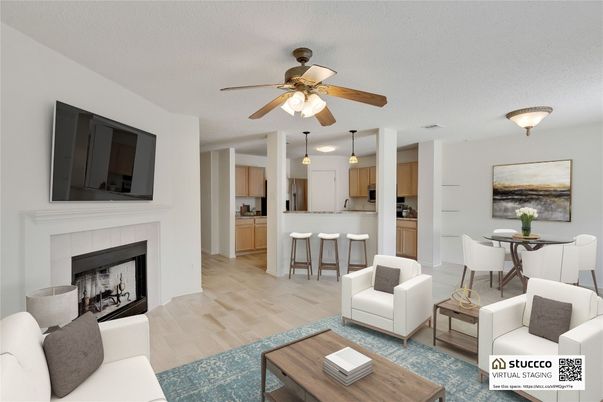 Dining room, Fireplace, Interior, Kitchen, Living room, Pendant Lights, Wood Texture Flooring