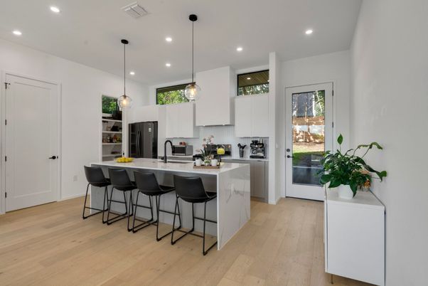 Interior, Kitchen, Pendant Lights, Recessed Lighting, Stainless Steel Appliances, Wood Texture Flooring