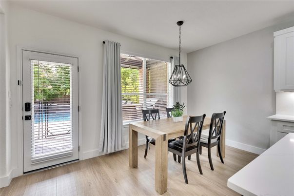 Dining room, Interior, Pendant Lights, Wood Texture Flooring