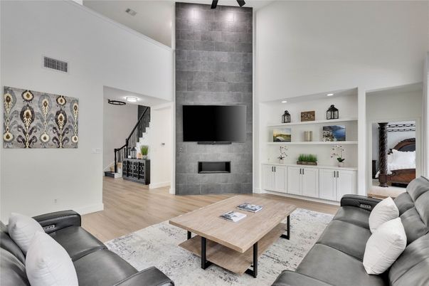 Fireplace, Interior, Living room, Recessed Lighting, Wood Texture Flooring