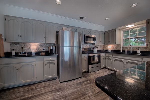 Interior, Kitchen, Recessed Lighting, Stainless Steel Appliances, Wood Texture Flooring